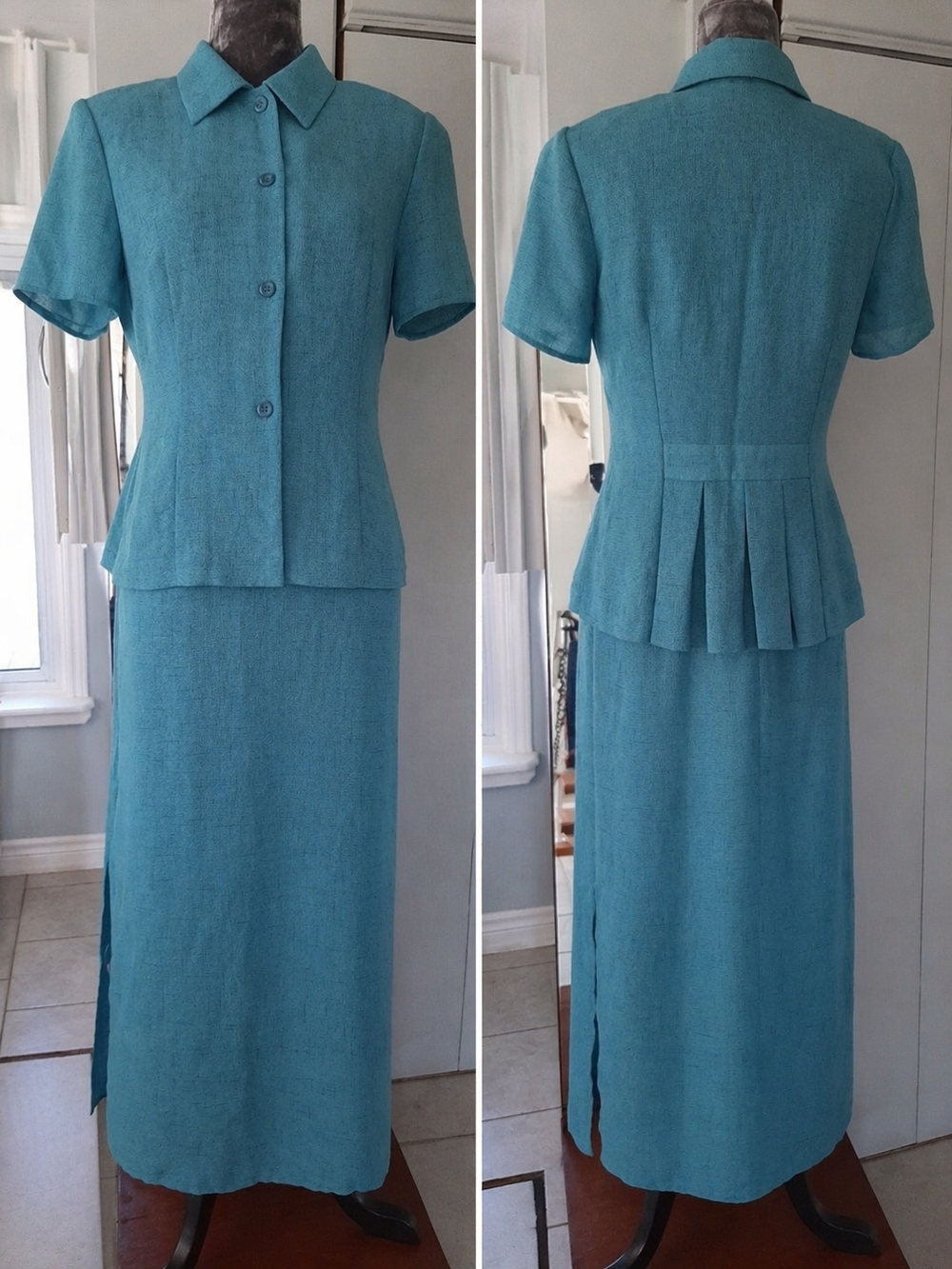 2 PC 80's DONNA💙RICCO Teal Fitted Maxi DRESS with Pleated Back Jacket SET Sz 8